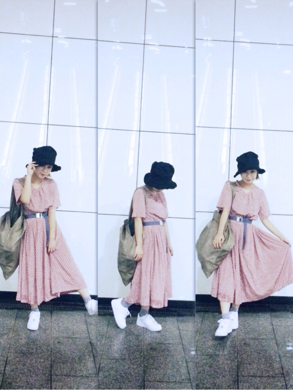 「ワンピース、エアーMAX、CA4LA、vintage、Kastane」｜「CA4LAのアイテム（ハット、ブラック系）」を使った、Yannuさん（レディース・145cm）の秋コーディネートの1枚目の写真
