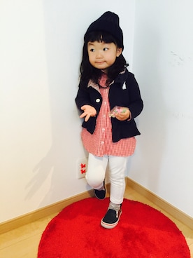 「GLOBAL WORK（グローバルワーク）のアイテム（シャツ/ブラウス、レッド系）」を使った、NAHOさん（キッズ・100cm）の冬コーディネート