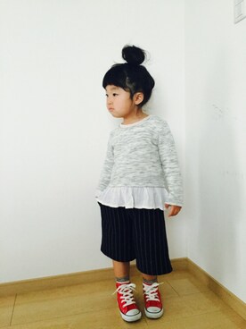 「CONVERSE（コンバース）のCONVERSE コンバース CHILD_ALL_STAR_RZ_HI 32513692(15-21) RED（スニーカー、レッド系）」を使った、NAHOさん（キッズ・100cm）の冬コーディネート