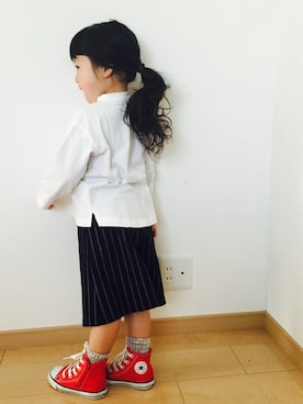 「petit main（プティマイン）のプチタートル無地7分袖Ｔシャツ（Tシャツ/カットソー、ホワイト系）」を使った、NAHOさん（キッズ・100cm）の冬コーディネート