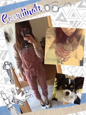 「花柄シャツ」｜「アイテム（オールインワン・サロペット）」を使った、あやさんさん（レディース・152cm）の春コーディネート