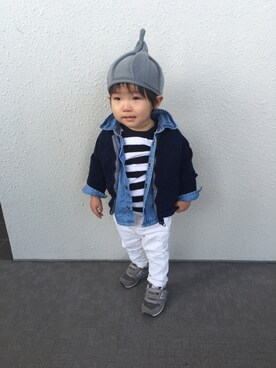 「ZARA KIDSのアイテム（ノーカラージャケット）」を使った、ishin-ishinさん（キッズ・80cm）の春コーディネート