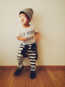 「GLOBAL WORK（グローバルワーク）のメンアサワッチ/556722（ニットキャップ/ビーニー、グレー系）」を使った、KREHA\( Ö )/さん（キッズ）の夏コーディネート