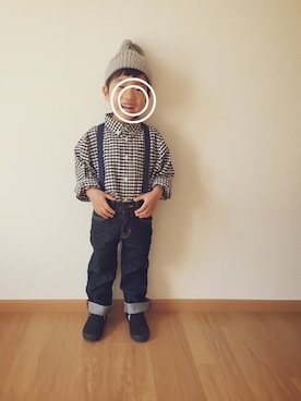 「GLOBAL WORK（グローバルワーク）のメンアサワッチ/556722（ニットキャップ/ビーニー、グレー系）」を使った、KREHA\( Ö )/さん（キッズ）の秋コーディネート