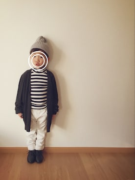 「GLOBAL WORK（グローバルワーク）のメンアサワッチ/556722（ニットキャップ/ビーニー、グレー系）」を使った、KREHA\( Ö )/さん（キッズ）の冬コーディネート