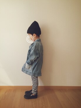 「GLOBAL WORK（グローバルワーク）のメンアサワッチ/556722（ニットキャップ/ビーニー、ブラック系）」を使った、KREHA\( Ö )/さん（キッズ）の春コーディネート