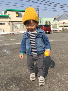 「babyGAP（babyGAP）のアイテム（デニムジャケット、ブルー系）」を使った、CHIAKIさん（キッズ・90cm）の冬コーディネート