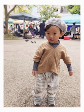 「cafe風和のアイテム（ハンチング/ベレー帽、グレー系）」を使った、CHIAKIさん（キッズ・90cm）の秋コーディネート