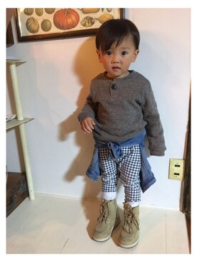 「古着のアイテム（ニット/セーター、ブラウン系）」を使った、CHIAKIさん（キッズ・90cm）の秋コーディネート