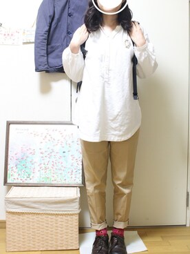「MUJI」｜「アイテム（ハンチング/ベレー帽）」を使った、ｺﾈﾘさん（レディース・157cm）の春コーディネート