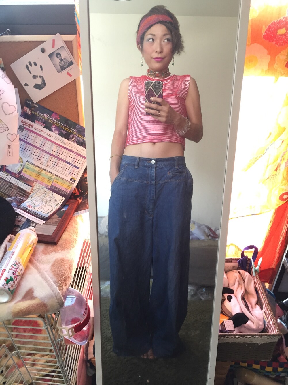 「ワイドパンツ、ノースリーブ」｜「ZUCCaのパンツ（デニムパンツ、ブルー系）」を使った、shihoさん（レディース・156cm）の夏コーディネートの1枚目の写真