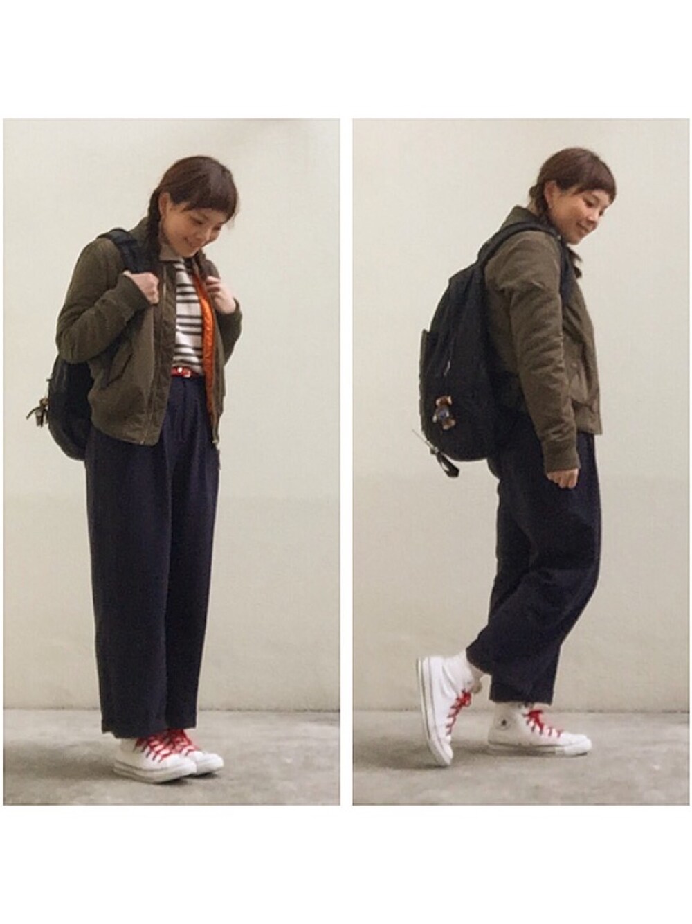「白いスニーカー、MA-1、ボーダートップス、ワイドパンツ、フィッシュボーン、バックパック、ハイカットスニーカー、ハイネック、細ベルト、ウエストイン」｜「KBFのKBF 3ラインボーダーニット（ニット/セーター、グレー系）」を使った、kechonさん（レディース・160cm）の春コーディネートの1枚目の写真