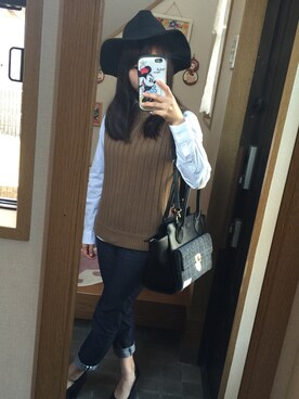 「GU（ジーユー）のアイテム（ニット/セーター、ブラウン系）」を使った、りんさお♡*さん（レディース・149cm）の秋コーディネート