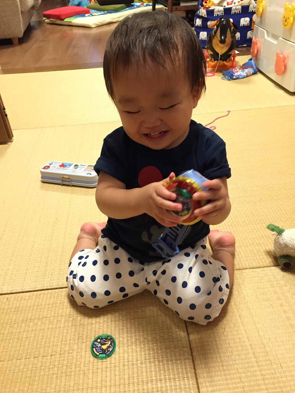 「ドット柄パンツ、くまT、ホワイトパンツ、妖怪ウォッチ零式、さわやか、さわやか男子になりたい」｜「こども ビームスのアイテム（Tシャツ/カットソー、ブルー系）」を使った、ひな♪ かな☆さん（キッズ・80cm）の夏コーディネートの1枚目の写真