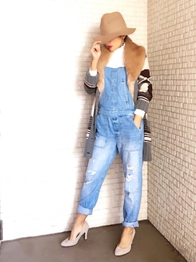 「カウチンセーター」｜「アイテム（オールインワン・サロペット）」を使った、booさん（レディース・159cm）の冬コーディネート