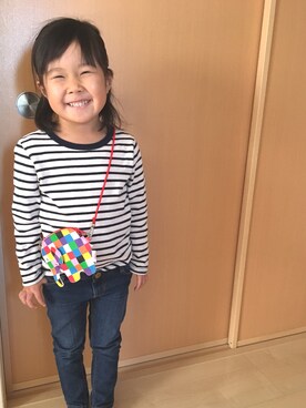 「無印良品（ムジルシリョウヒン）のアイテム（Tシャツ/カットソー、ホワイト系）」を使った、moe..eitaさん（キッズ・110cm）の冬コーディネート