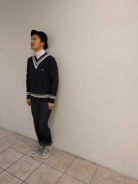 「FRED PERRY（フレッドペリー）のアイテム（ニット/セーター）」を使った、YUKI HAMAGUCHIさん（メンズ・174cm）の冬コーディネート