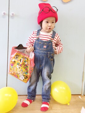 「abcd（ナシ）のアイテム（サロペット/オーバーオール）」を使った、ammy-pirotoさん（キッズ・100cm）の冬コーディネート