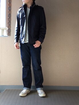 「ネイビー×ホワイト」｜「アイテム（ミリタリージャケット）」を使った、ハサさん（メンズ・174cm）の秋コーディネート