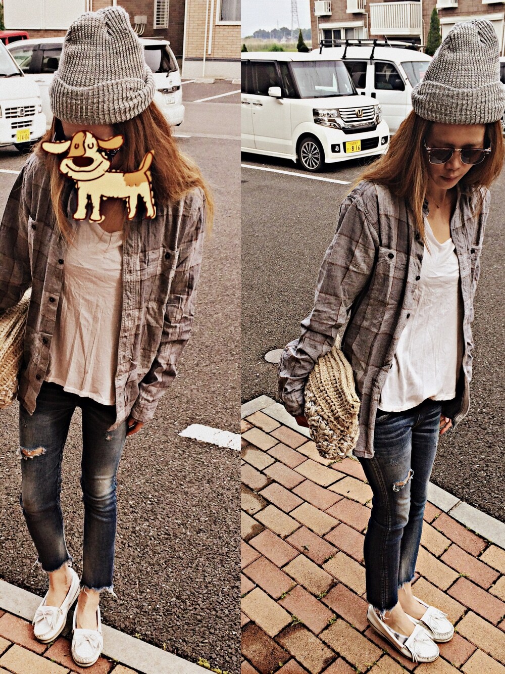 グレー系のシャツ/ブラウス、ホワイト系のTシャツ/カットソー、ブルー系のデニムパンツを着用したレディースの春コーディネートの1枚目の写真