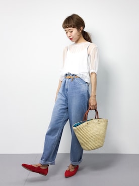 「passage mignon/flaneur（パサージュミニョンフラヌール）のアイテム（かごバッグ）」を使った、りっぴーさん（レディース・154cm）の夏コーディネート