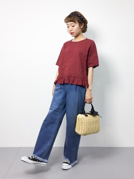 「cache cache（カシュ カシュ）のアイテム（かごバッグ）」を使った、りっぴーさん（レディース・154cm）の夏コーディネート