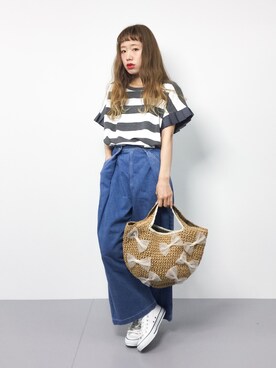 「select MOCA（セレクトモカ）の袖リボンプリーツコットンブレンドボックスシルエット半袖ボーダーカットソー（Tシャツ/カットソー）」を使った、りっぴーさん（レディース・154cm）の夏コーディネート