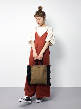 「大人カジュアル」｜「アイテム（サロペット/オーバーオール、オレンジ系）」を使った、りっぴーさん（レディース・154cm）の夏コーディネート