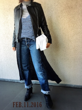 「ボーイフレンドデニム」｜「アイテム（ライダースジャケット）」を使った、ともまゆママさん（レディース・167cm）の冬コーディネート