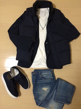 「Ambassadors By Verginia（アンバサダーズバイバージニア）のアイテム（スニーカー、ブルー系）」を使った、NKさん（メンズ・175cm）の冬コーディネート