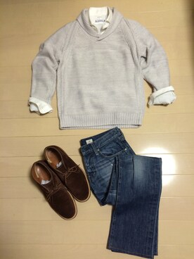 「ck Calvin Klein（シーケーカルバンクライン）のオフホワイト。
ショールカラーニット。（ニット/セーター、ホワイト系）」を使った、NKさん（メンズ・175cm）の春コーディネート