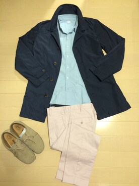 「GU（ジーユー）のアイテム（ステンカラーコート、ブルー系）」を使った、NKさん（メンズ・175cm）の春コーディネート
