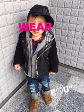「アイテム（ライダースジャケット）」を使った、E♡Mさん（キッズ・90cm）の冬コーディネート