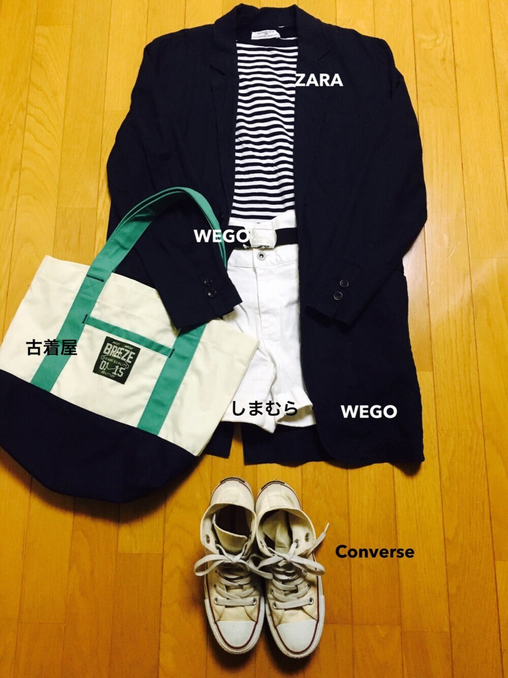 「ラクチンコーデ、夏、デニム、ホワイト、ボーダー、大人カジュアル、マリン、ホワイトパンツ、スニーカー、海」｜「CONVERSEのCONVERSE / CVS ALL STAR HI（スニーカー、ホワイト系）」を使った、iKi .さん（レディース・152cm）の春コーディネートの1枚目の写真