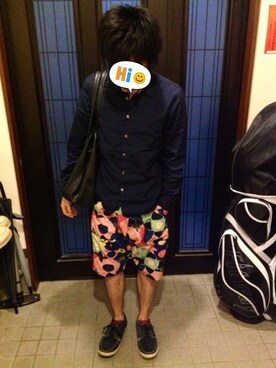 「HARE（ハレ）の【HARE】レザートート（トートバッグ、ブラック系）」を使った、issiさん（メンズ・164cm）の春コーディネート