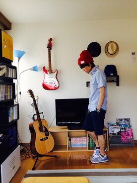 「SHIPS JET BLUE（シップスジェットブルー）のアイテム（ニットキャップ/ビーニー、レッド系）」を使った、issiさん（メンズ・164cm）の秋コーディネート