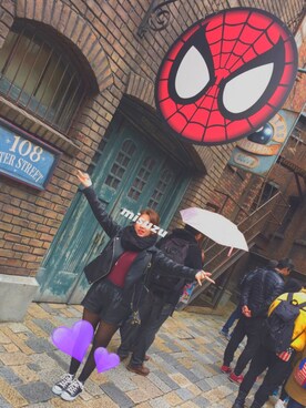 「USJ」｜「アイテム（ライダースジャケット）」を使った、Ｍisuzuさん（レディース・156cm）の冬コーディネート