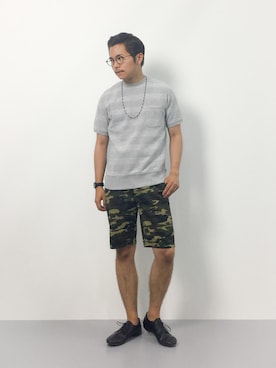 「カモ柄」｜「アイテム（スウェット）」を使った、K-1RO(ケーイチロー)さん（メンズ・171cm）の夏コーディネート