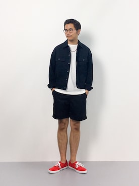 「ポケットＴシャツ」｜「アイテム（ブルゾン）」を使った、K-1RO(ケーイチロー)さん（メンズ・171cm）の夏コーディネート