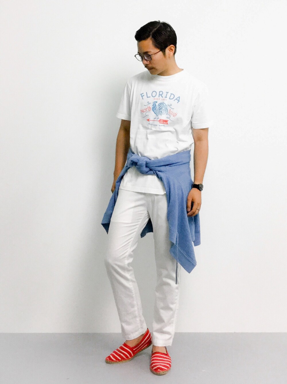 「coenのアニマルプリントTシャツ（Tシャツ/カットソー、ホワイト系）」を使った、K-1RO(ケーイチロー)さん（メンズ・171cm）の夏コーディネートの1枚目の写真