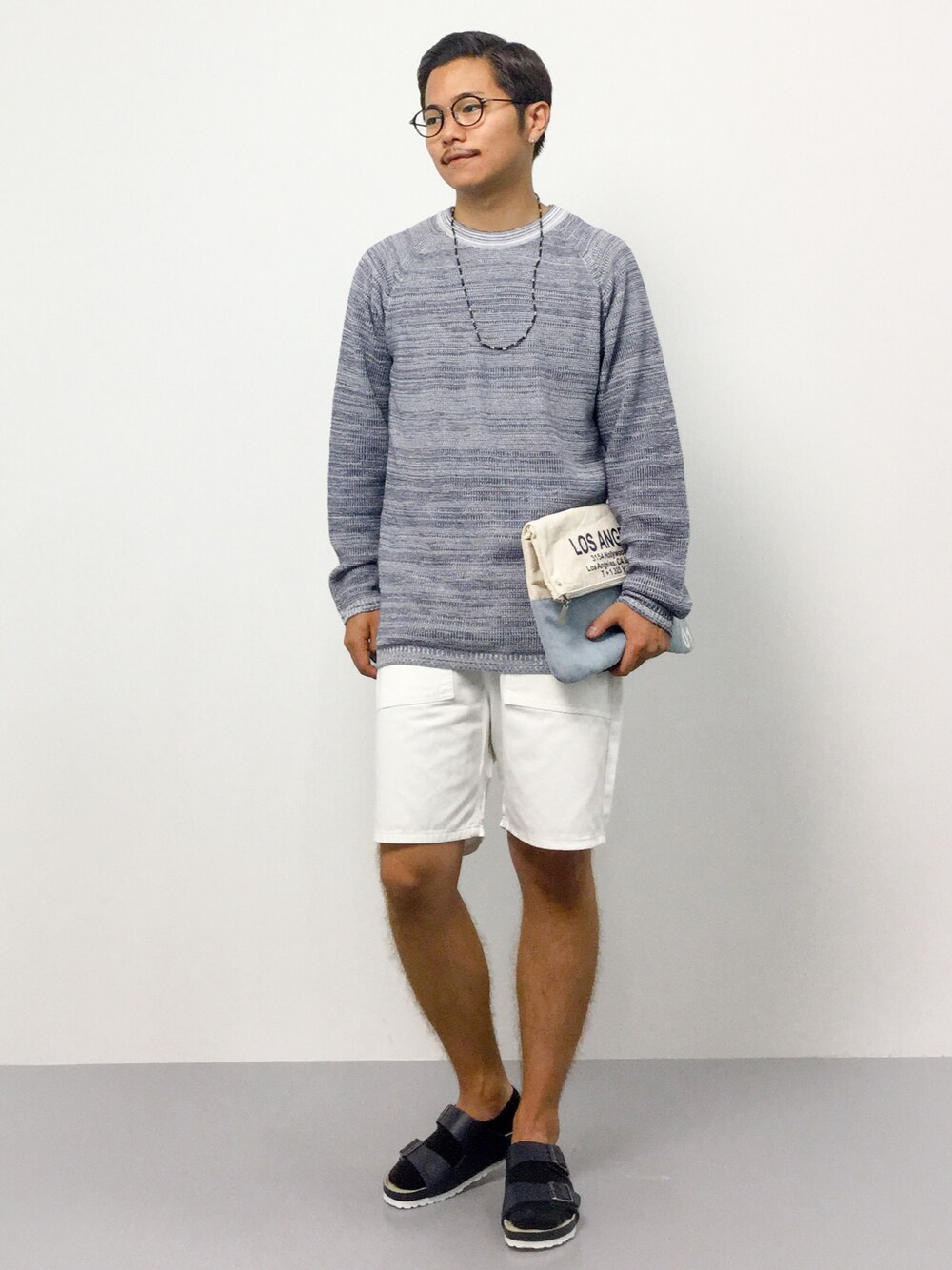 「BEAUTY&YOUTH UNITED ARROWSのBY ∴ ミックスニット チューブボディクルーネック　MADE IN JAPAN（ニット/セーター、ブルー系）」を使った、K-1RO(ケーイチロー)さん（メンズ・171cm）の夏コーディネートの1枚目の写真