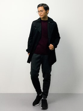 「クルーネック」｜「アイテム（トレンチコート）」を使った、K-1RO(ケーイチロー)さん（メンズ・171cm）の秋コーディネート