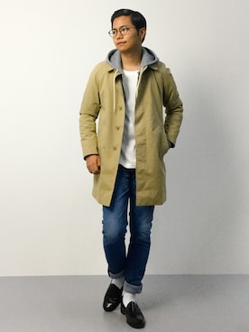「ブリーチデニム」｜「アイテム（ステンカラーコート）」を使った、K-1RO(ケーイチロー)さん（メンズ・171cm）の秋コーディネート