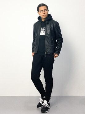「UP START（アップスタート）のアイテム（ライダースジャケット）」を使った、K-1RO(ケーイチロー)さん（メンズ・171cm）の秋コーディネート