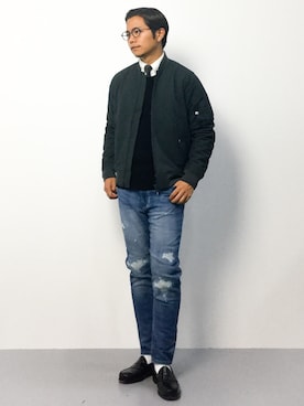 「クルーネックニット」｜「アイテム（MA-1）」を使った、K-1RO(ケーイチロー)さん（メンズ・171cm）の秋コーディネート