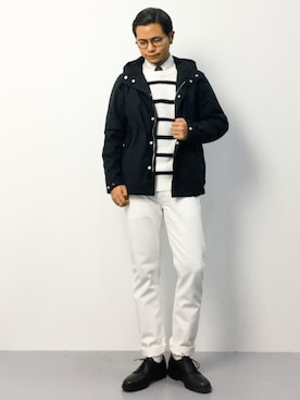 「クルーネックニット」｜「アイテム（モッズコート）」を使った、K-1RO(ケーイチロー)さん（メンズ・171cm）の秋コーディネート