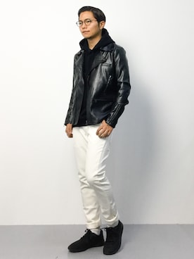 「unrelaxing（アンリラクシング）のアイテム（ライダースジャケット）」を使った、K-1RO(ケーイチロー)さん（メンズ・171cm）の秋コーディネート