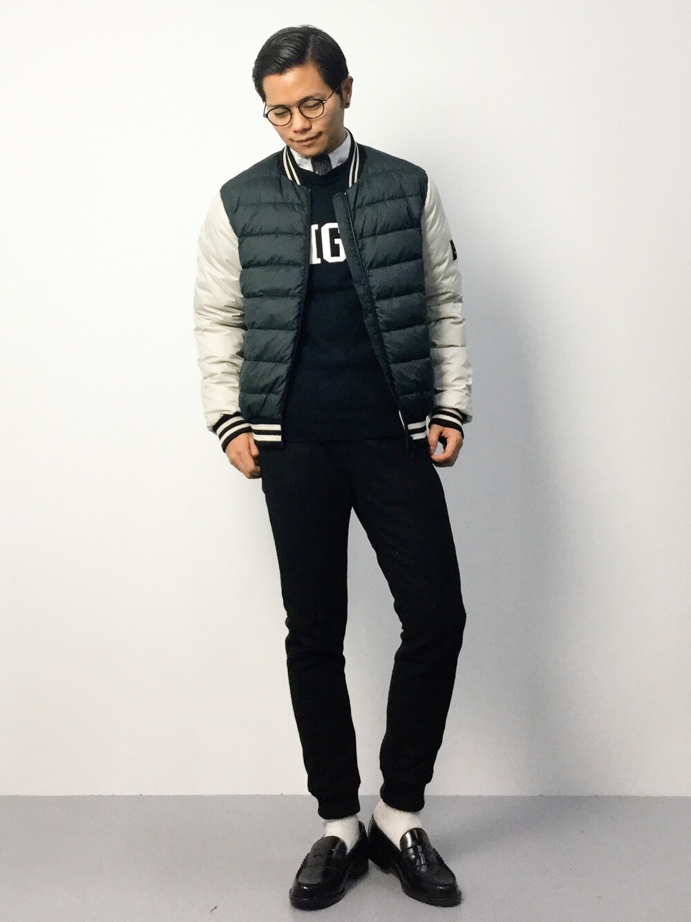 「green label relaxingの★[エコアルフ]ECOALF COLLEGE MAN ダウンジャケット（ダウンジャケット/コート、ブラック系）」を使った、K-1RO(ケーイチロー)さん（メンズ・171cm）の秋コーディネートの1枚目の写真