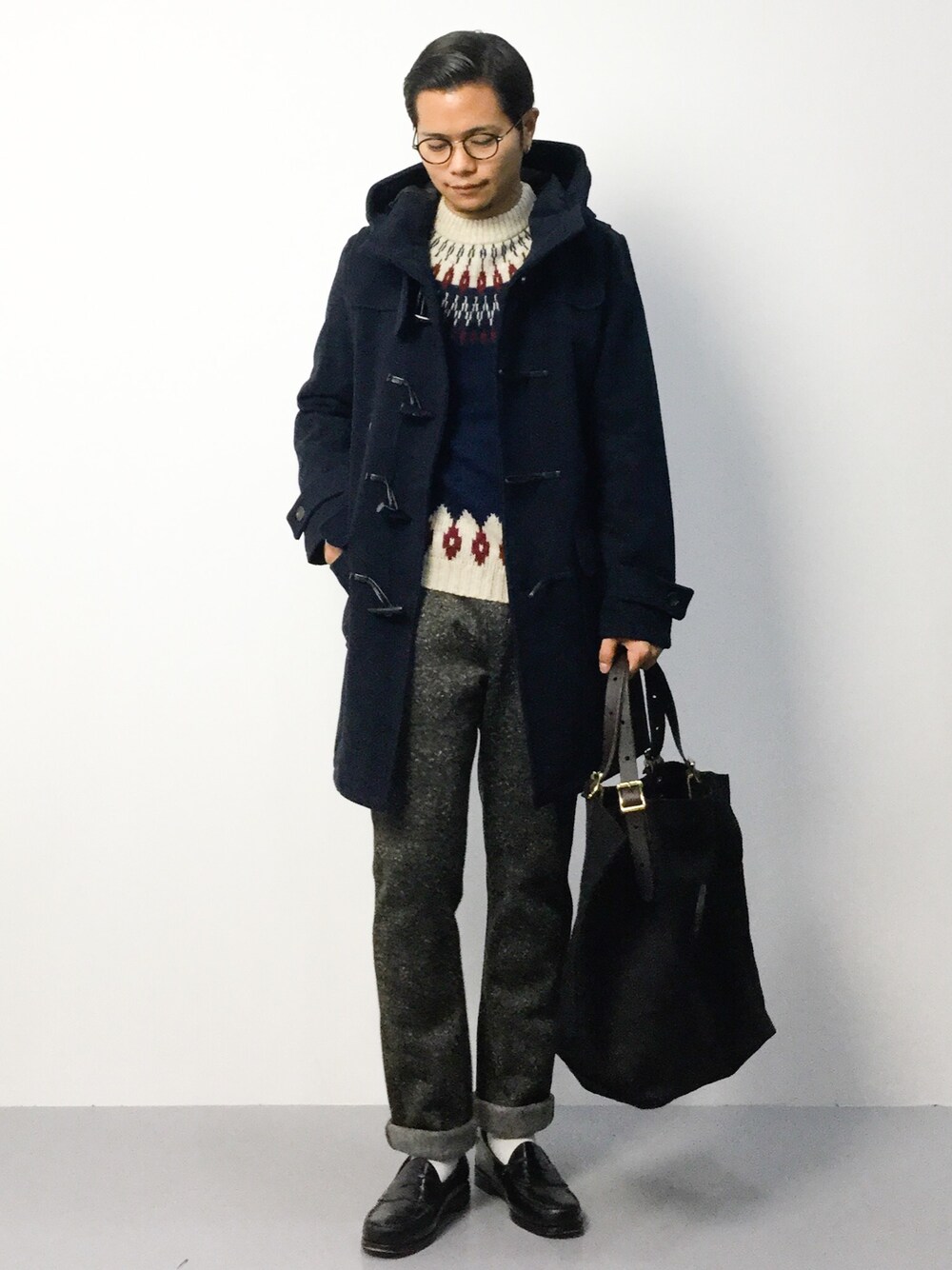 「DETAILSのDETAILS/KMC DETAILS/MELTONダッフルコート（ダッフルコート、ブルー系）」を使った、K-1RO(ケーイチロー)さん（メンズ・171cm）の秋コーディネートの1枚目の写真