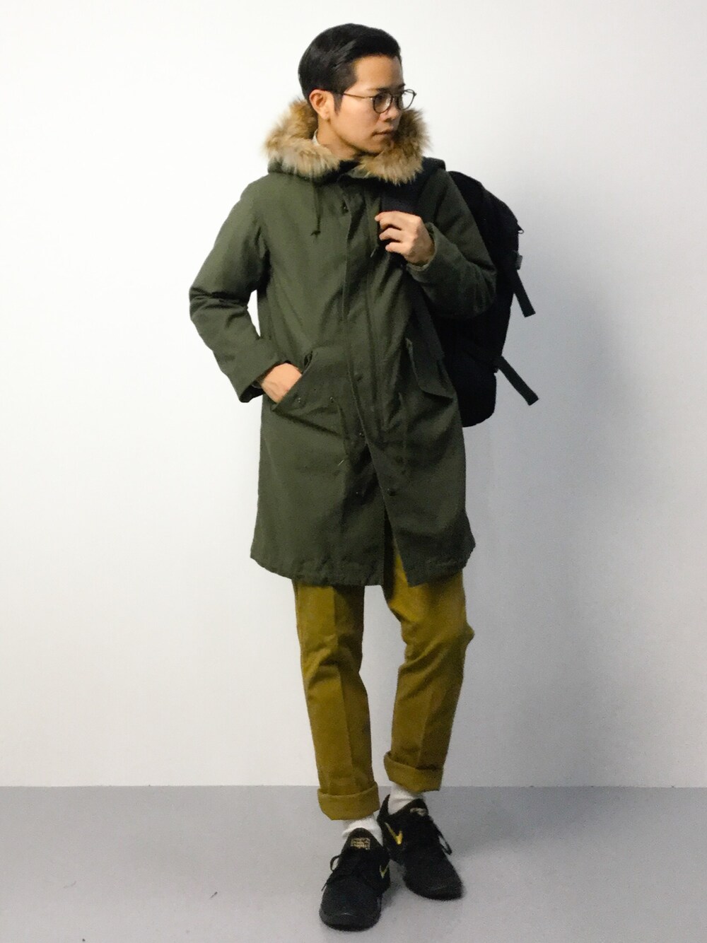 「MONKEY TIMEの＜monkey time＞∴ B/STN DOWN/LINER MODS CT/モッズコート（モッズコート、グリーン系）」を使った、K-1RO(ケーイチロー)さん（メンズ・171cm）の秋コーディネートの1枚目の写真